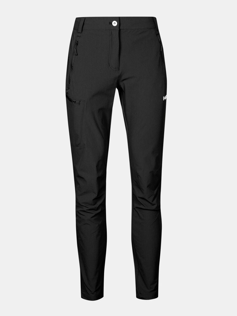 Halti Pallas X-stretch Ulkoiluhousut Naisten Plus: mustat slim-fit ulkoiluhousut vetoketjutaskulla ja valkoisella reisilogolla.