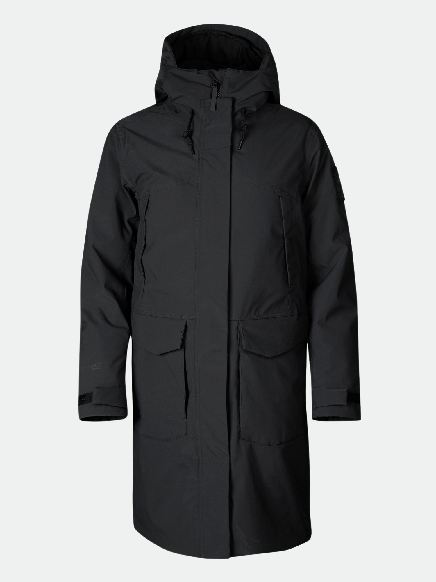 Pitkä musta Halti Bergga DX talvitakki naisille DrymaxX All Weather -kankaalla ja teknisillä ominaisuuksilla.