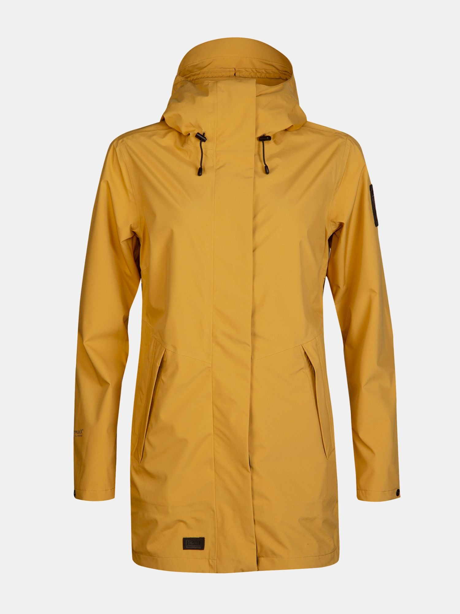 Sinapinkeltainen Halti Kurvi 3L DX Parkatakki naisille, jossa on huppu, pitkät hihat ja etutaskut valkoisella pohjalla.