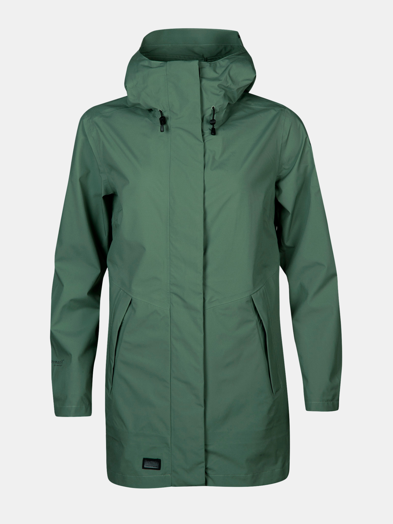 Vihreä Halti Kurvi 3L DX Parkatakki Naisten sadetakki, jossa etutaskut ja vetoketju valkoisella pohjalla.
