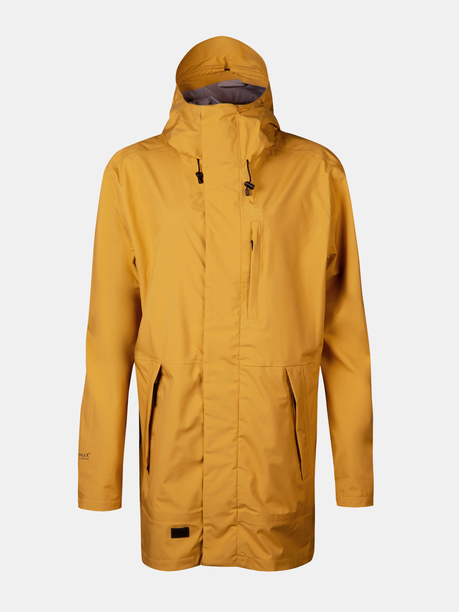 Keltainen Halti Kurvi 3L DX Miesten Parkatakki vetoketjulla, rinta- ja sivutaskuilla, valkoisella pohjalla.