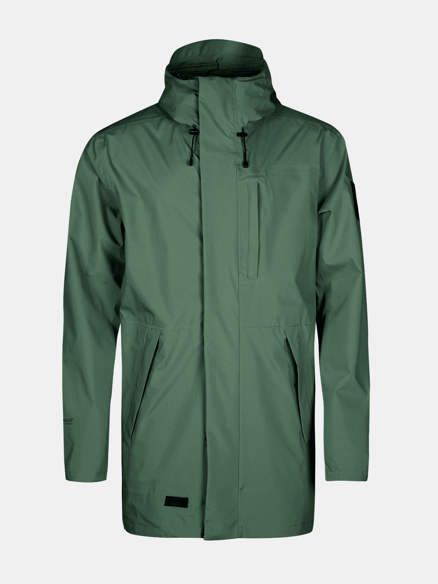 Vihreä Halti Kurvi 3L DX Parkatakki Miesten sadetakki, jossa on vetoketju edessä, rinta- ja sivutaskut yksivärisellä pohjalla.