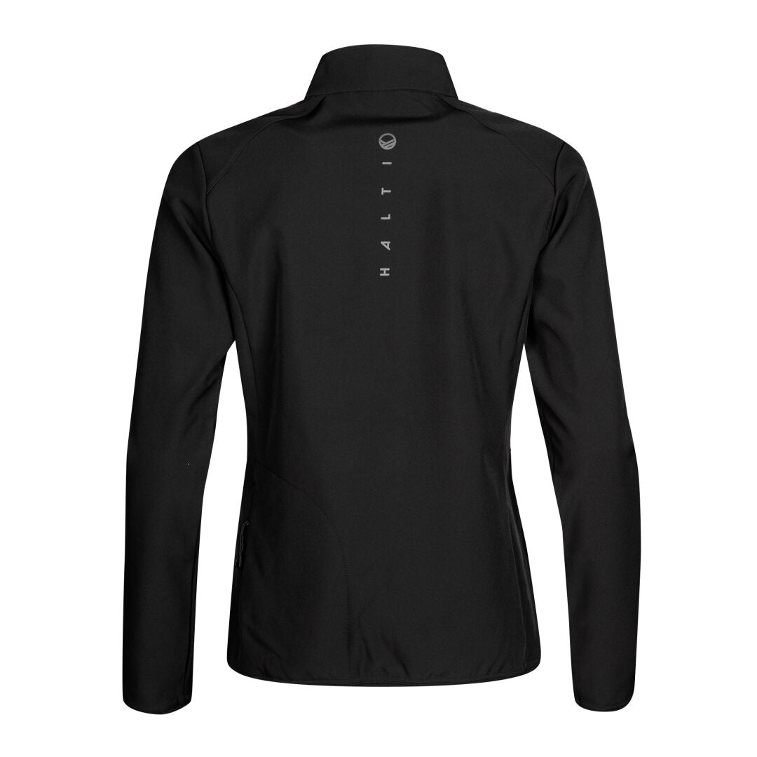 Fore Naisten Softshell Takki, musta pitkähihainen Halti, jossa pystysuora valkoinen logo selässä; hengittävä.