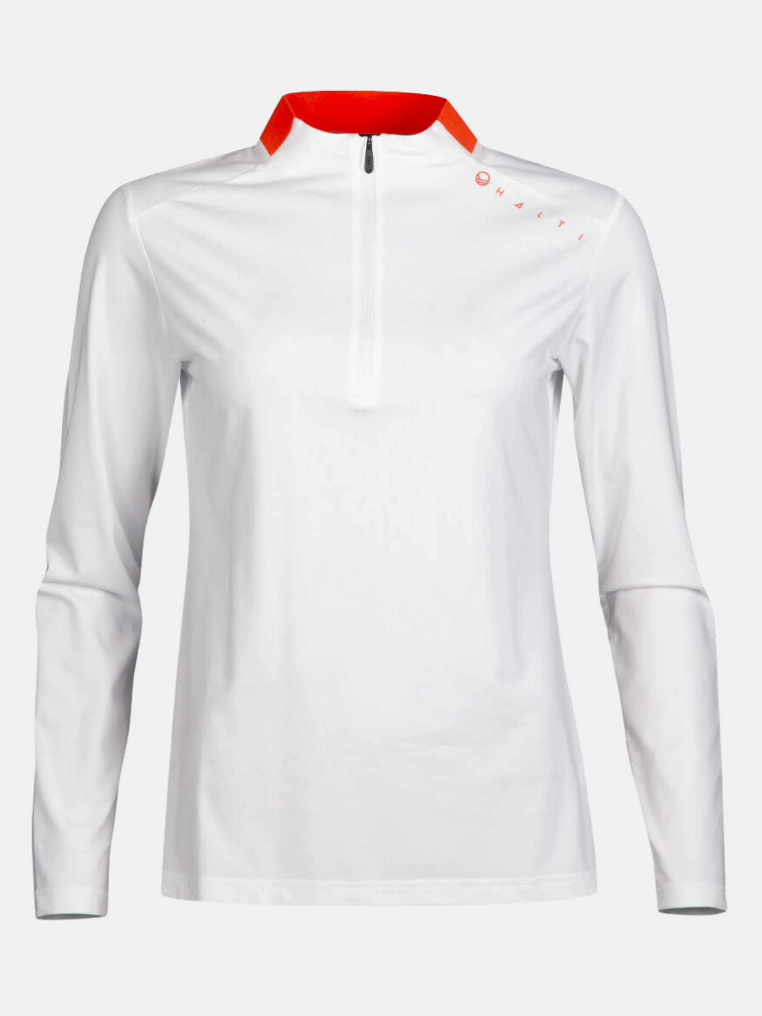 Halti Fairway Naisten Pitkähihainen Paita: valkoinen, nelivetoketju, oranssi kaulus, hengittävä materiaali.