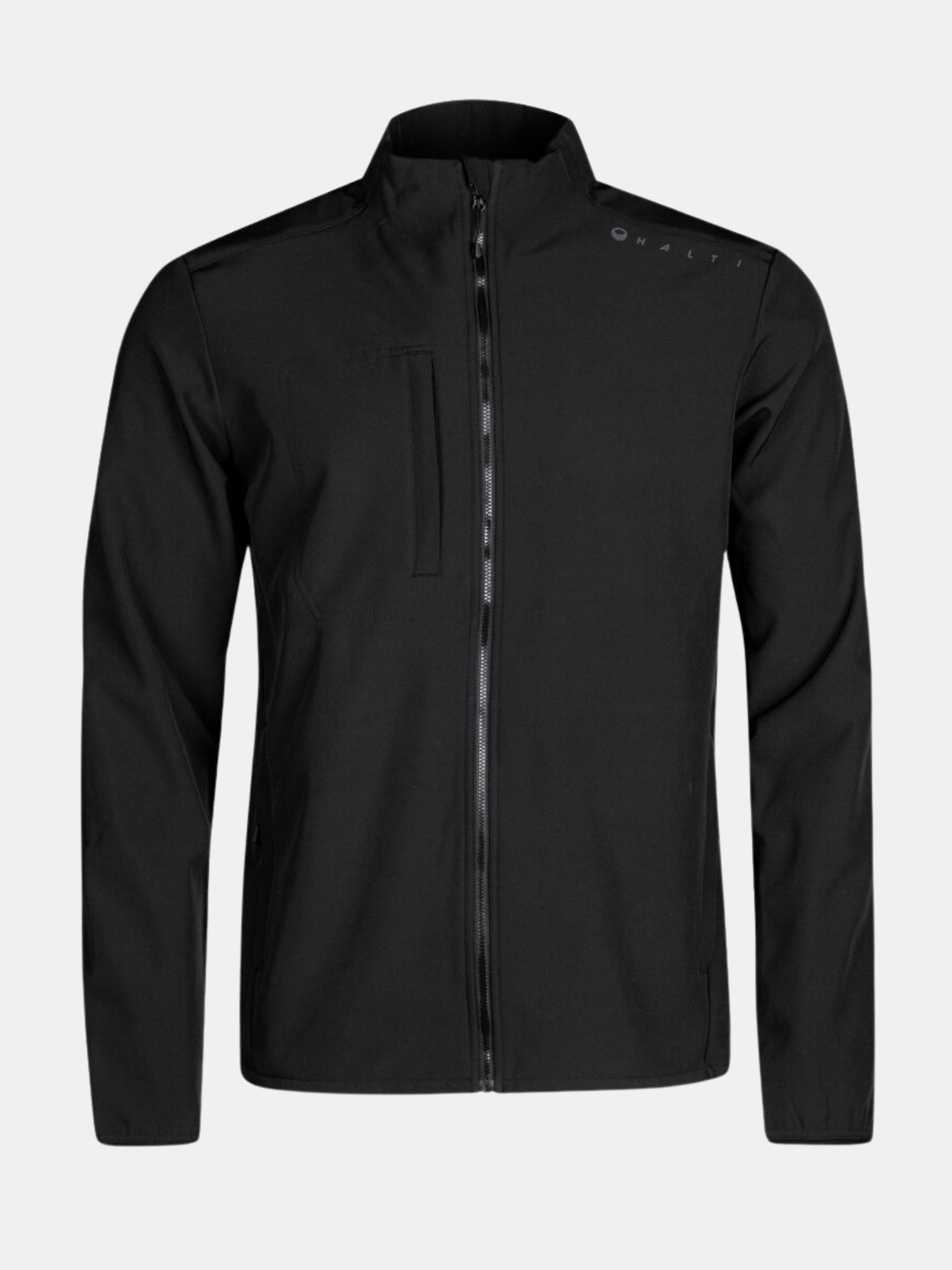 Halti Fore Miesten Softshell Takki: musta, korkeakauluksinen, rintataskulla ja tuulta/vettä hylkivä viimeistely.