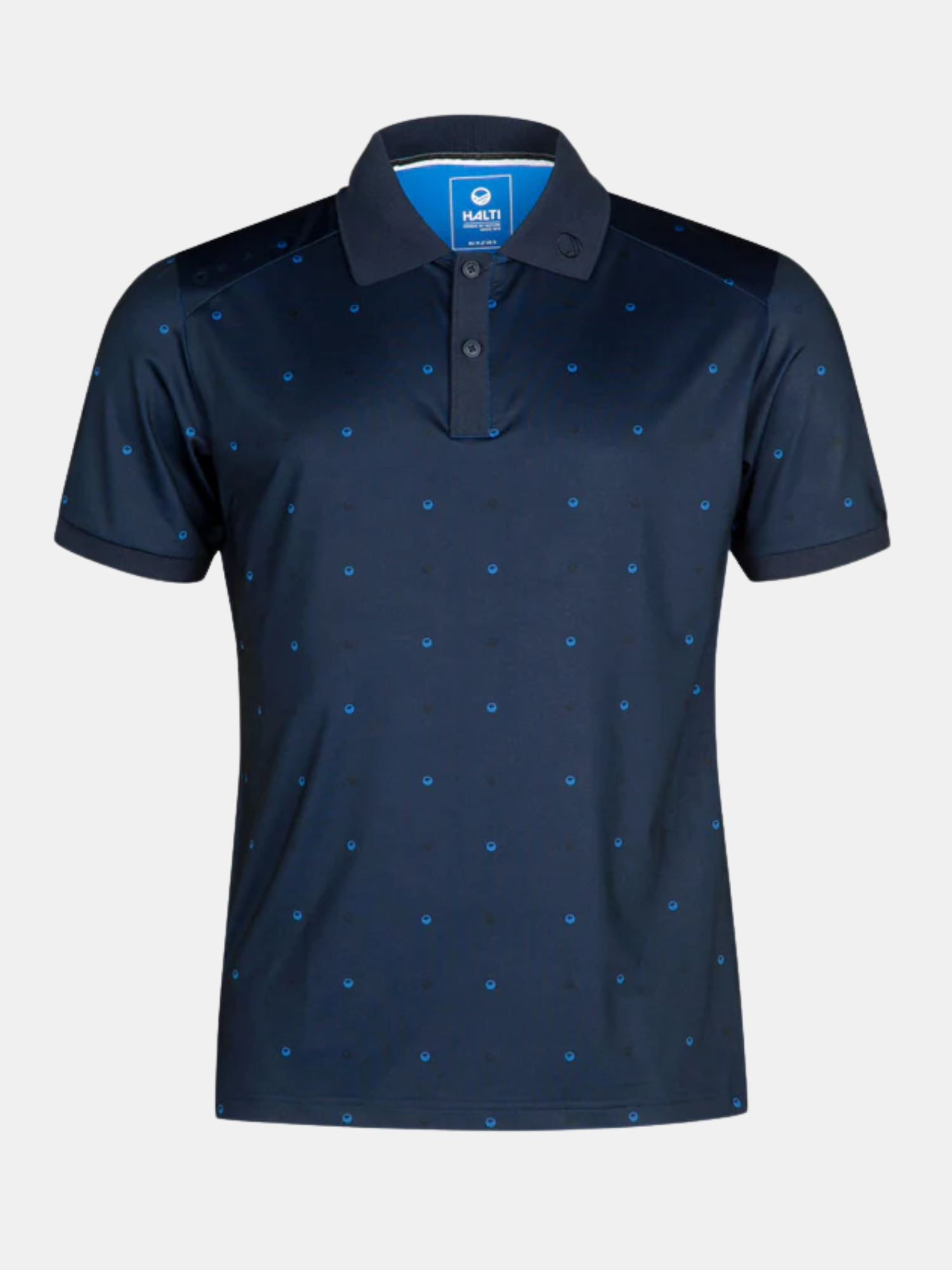 Halti Birdie Tekninen Pikeepaita Miesten: tummansininen golfpoolo kauluksella, vaaleansinisiä pilkkuja, kierrätysmateriaaleja.