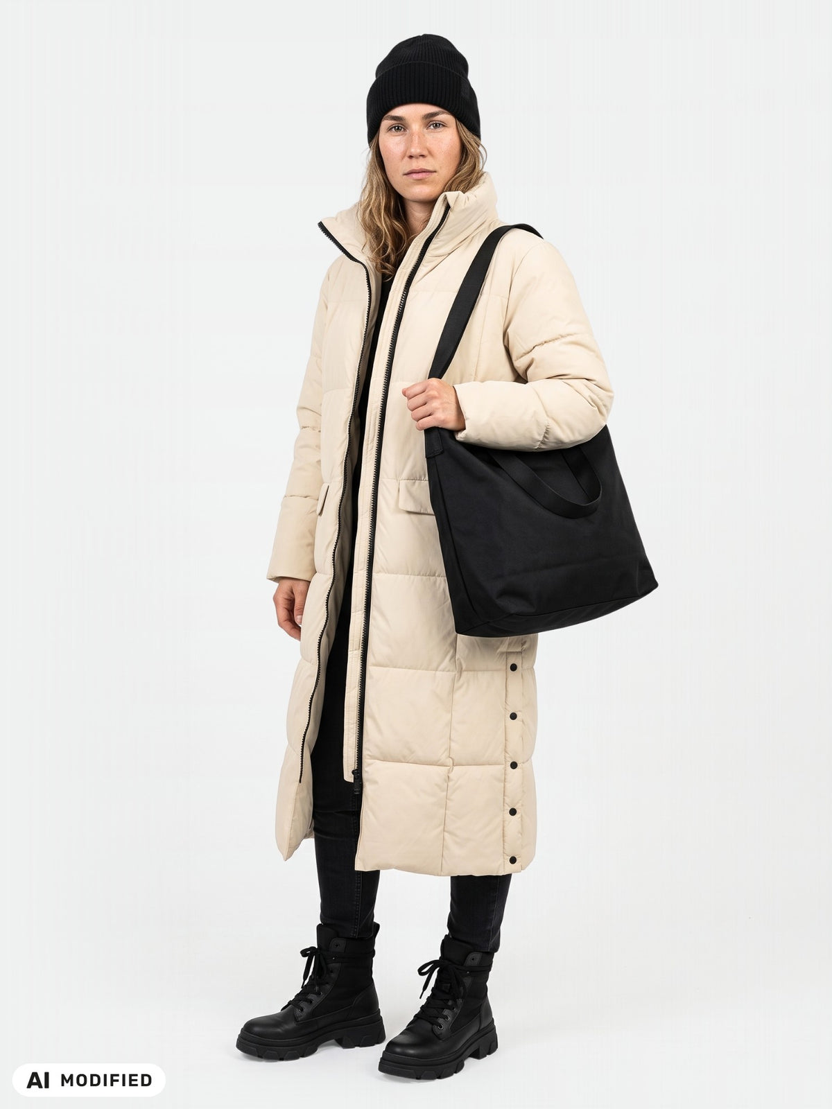 Henkilö, jolla on yllään beige Halti Penger Talvitakki Naisten -puffertakki, musta pipo, housut, saappaat ja musta kangaskassi.