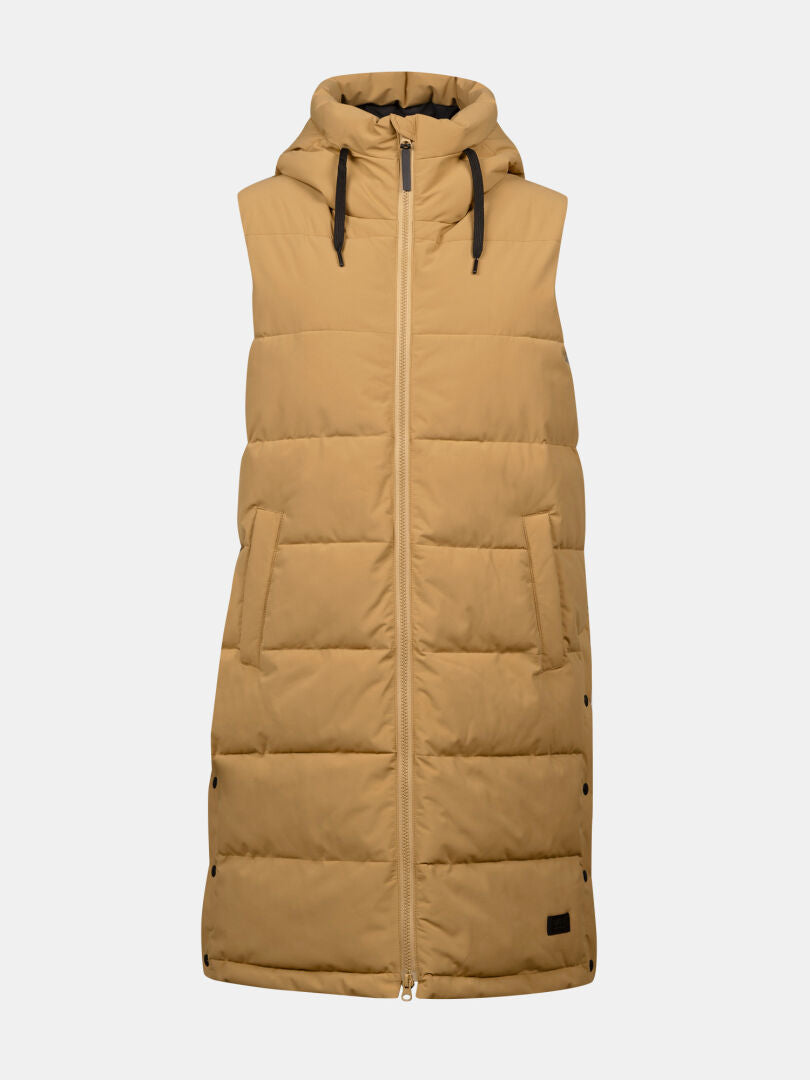 Halti Penger Toppaliivi Naisten: ruskehtava, hihaton puskuriliivi hupulla, vetoketjulla, taskuilla ja DrymaxX Lite -suojalla.