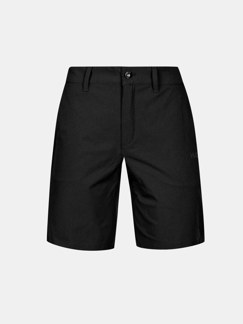 Halti Drive X-stretch Shortsit Naisten: mustat polvipituiset shortsit, joissa on vyölenkit, nappikiinnitys ja räätälöity istuvuus.