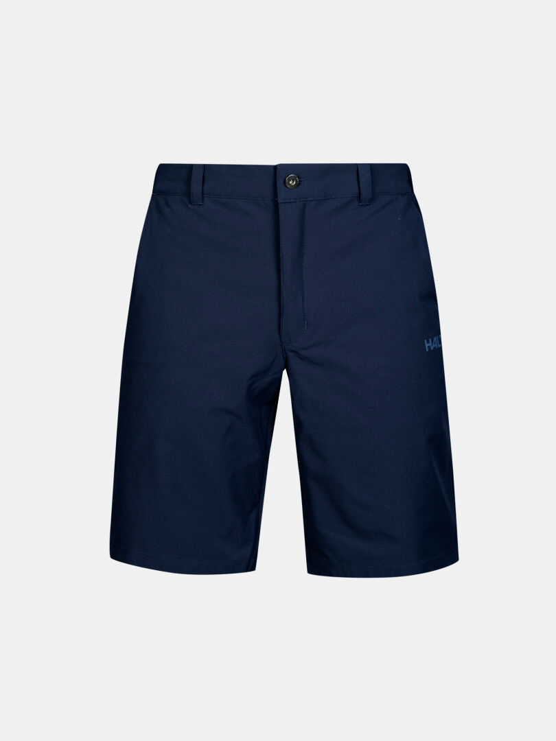 Halti Drive X-stretch Miesten shortsit, tummansininen, nappikiinnityksellä ja hienovaraisella logolla, kuvassa yksivärisellä pohjalla.