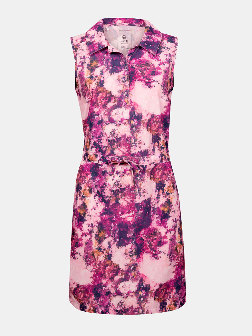 Halti Chipper X-stretch Mekko Naisten: Hihaton pinkki mekko, jossa on kaulus, napitus edessä, vyö ja violetti-magenta kuvio.