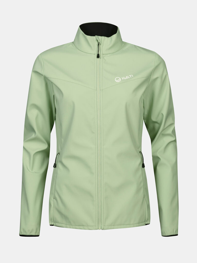 Halti Wedge Softshell-takki Naisten: vaaleanvihreä, vetoketjutaskut, valkoinen Halti-logo, kierrätysmateriaalia.