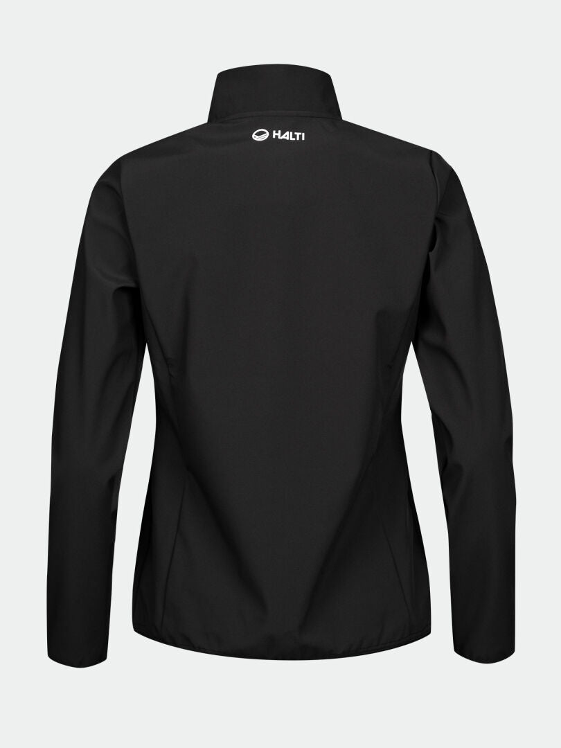 Halti Wedge Softshell-takki Naisten musta, tuulenpitävä, korkea kaulus ja logo pääntiessä.