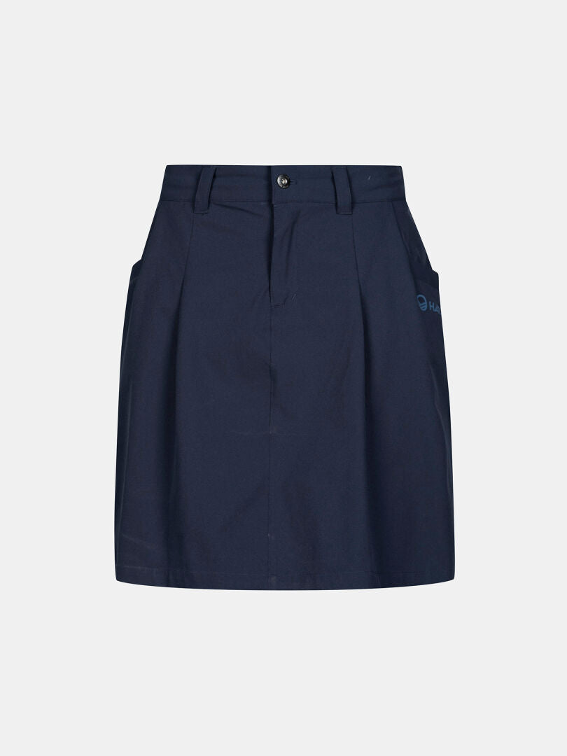 Halti Drive X-stretch Naisten Shortsihame Plus: tummansininen polvipituinen hame, vyölenkit, laskokset, taskut, nappi ja vetoketju.