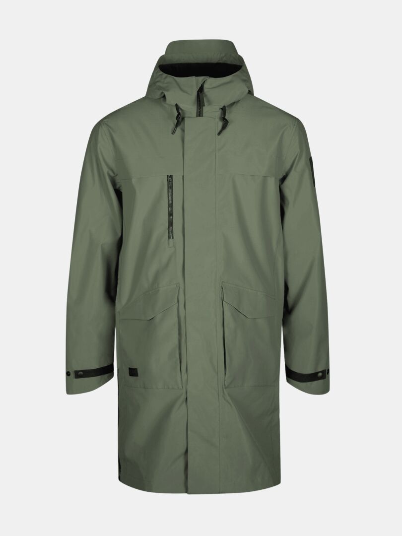 Halti Tokoi II DX Parkatakki Miesten on oliivinvihreä kierrätyspolyesteristä valmistettu sadetakki, jossa on huppu, taskut ja mustat korostukset.