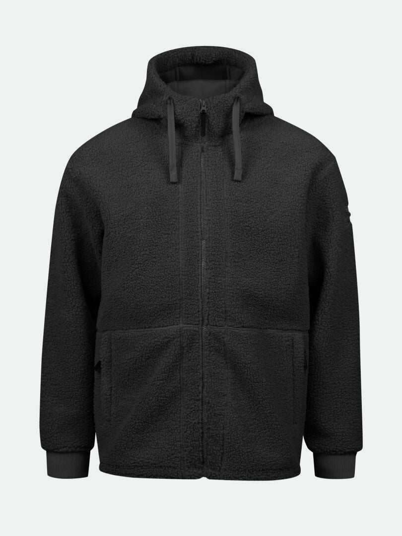 Halti Lykky Fleecetakki Miesten: musta huppari, vetoketju, kaksi taskua, monikäyttöinen fleece.