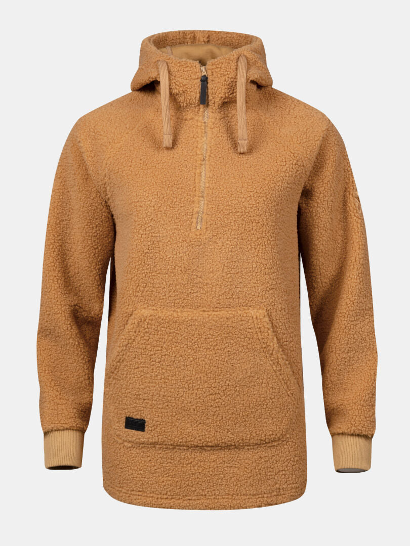 Halti Lykky Fleecepusero Naisten: tan teddyfleece, puoliksi vetoketju, kengurutasku, uurrettu hihansuissa, kierrätettyä polyesteriä.