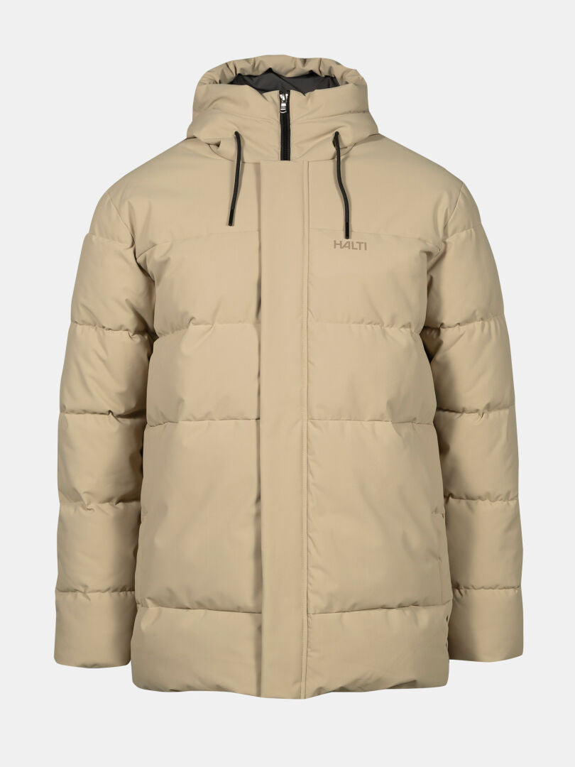 Halti Sammal Topattu Parkatakki Miesten on beige hupullinen puffertakki, jossa on vetoketju edessä ja sivutaskut.