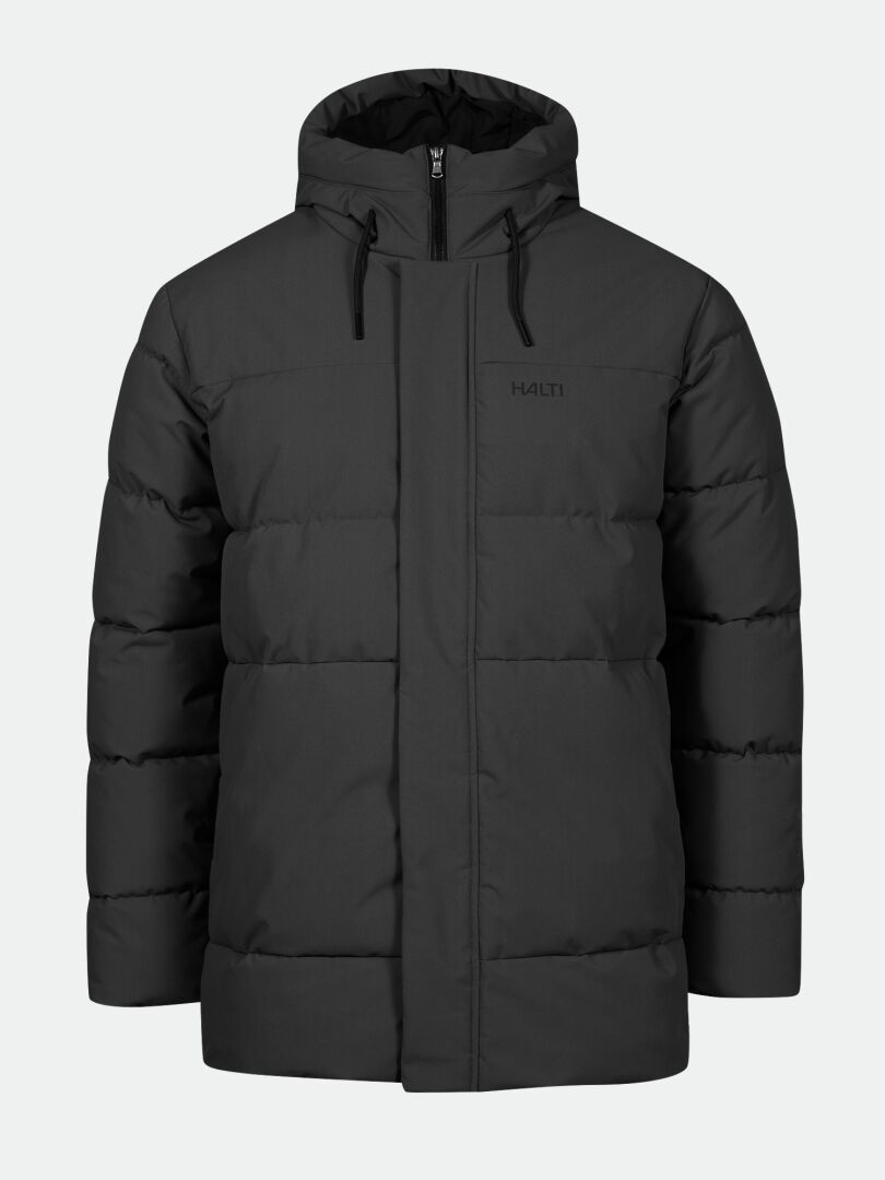Halti Sammal Topattu Parkatakki Miesten on musta hupullinen parka, jossa on DrymaxX, vetoketju edessä ja logo rinnassa.