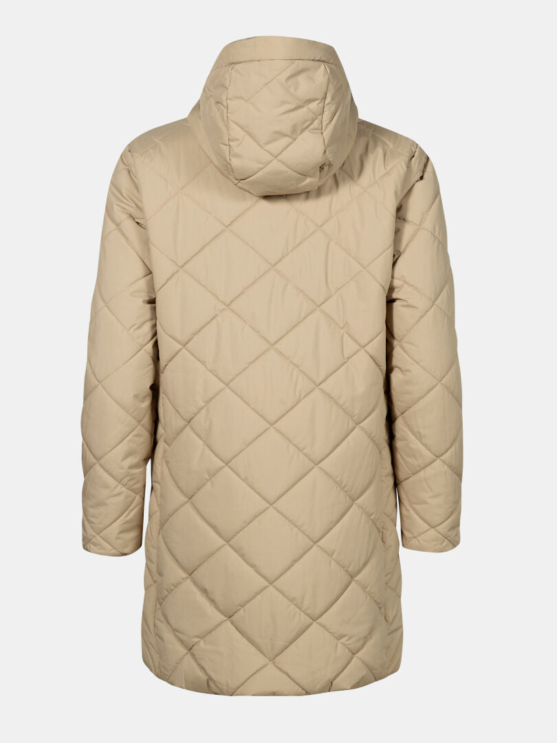 Halti Haapa Tikkitakki Naisten: beige hupullinen takki pitkillä hihoilla ja timanttiompeleilla, selkämys.