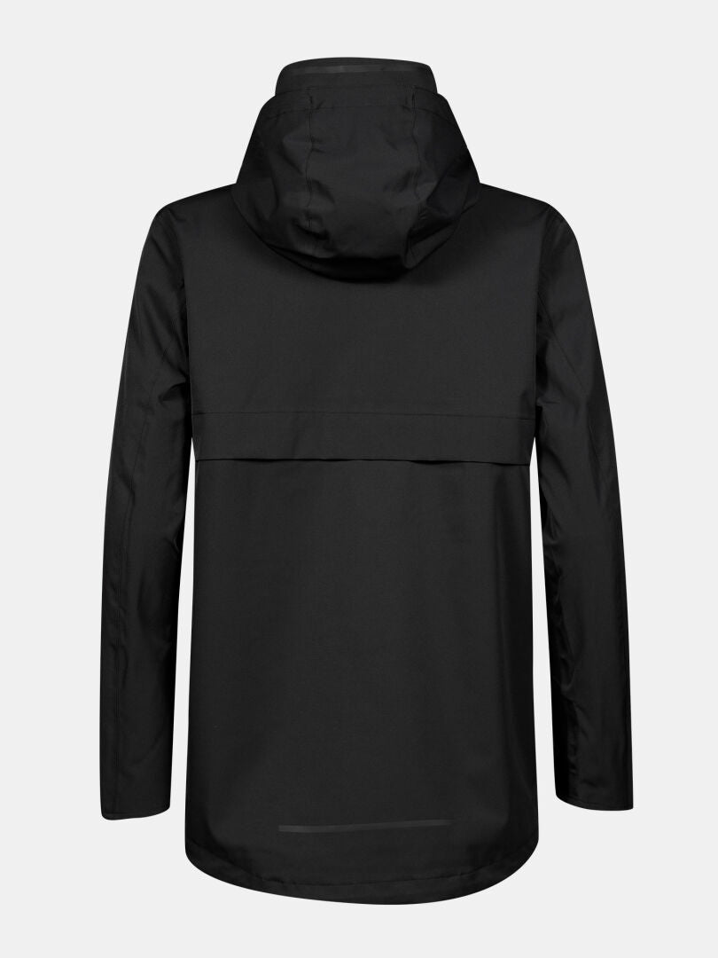 Halti Tokoi DX Takki Naisten takakuva: musta hupullinen takki, jossa on suora helma ja tuulettuva yläselän läppä.