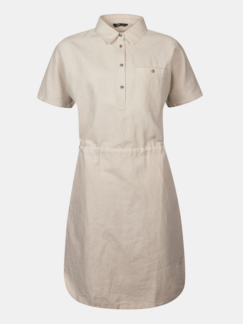 Halti Notsgi Mekko Naisten: beige lyhythihainen mekko etunapeilla, rintatasku, joustava vyötärö, luonnonmateriaali.