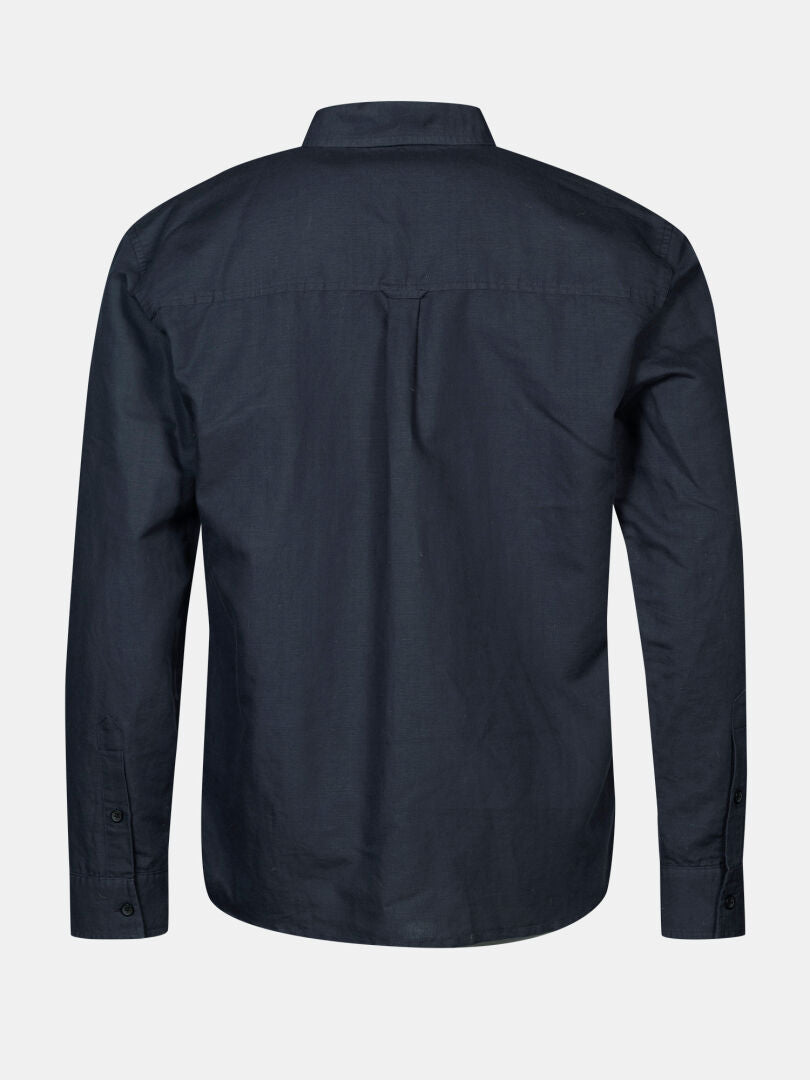 Takakuva Halti Notsgi Pitkähihainen Paita Miesten tummasta laivastonsinisestä paidasta, jossa on kaulus ja napitetut hihansuut.