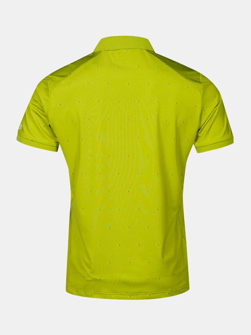 Halti Aridi Tekninen Pikeepaita Miesten kirkkaanvihreä takakuva, jossa on kaulus, pistekuvio ja tech jersey -mukavuus.