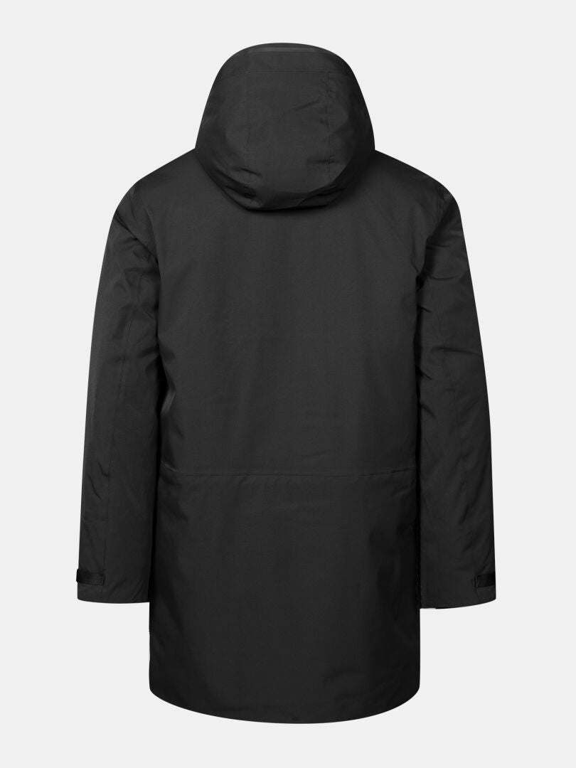 Miesten Halti Kallio DX -parka, joka on valmistettu mustasta DrymaxX-kankaasta, on kuvattu takapuolelta yksivärisellä valkoisella taustalla.