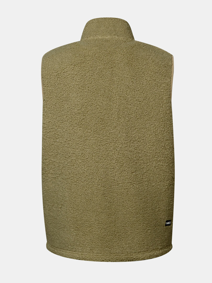 Halti Lykky Fleece Liivi Unisex: oliivinvihreä kierrätetty polyesteri, korkea kaulus, musta logomerkki, takanäkymä.