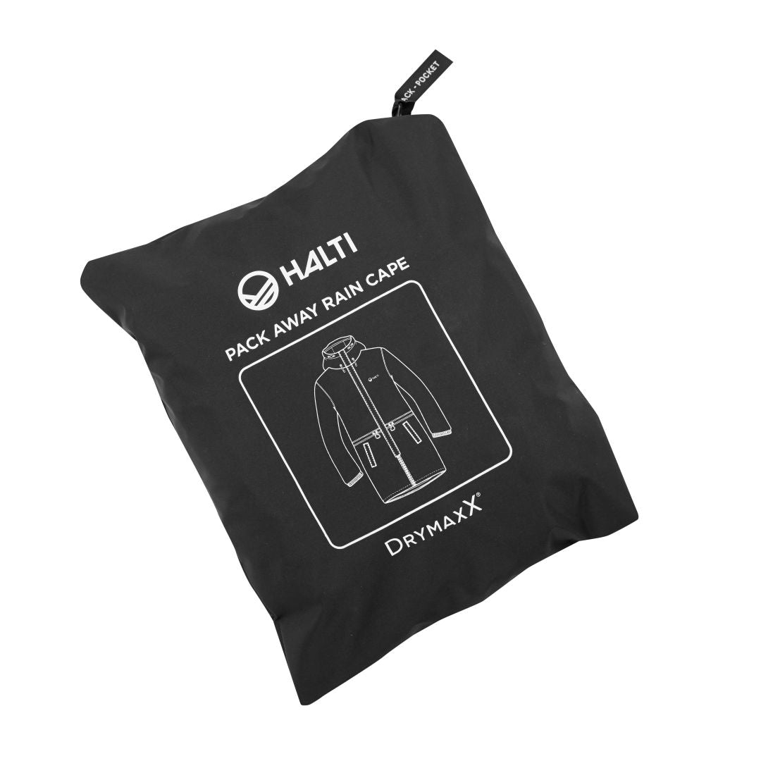 Musta Halti Club Coach Takki, jossa on hengittävä, DrymaxX Pack Away -sadeviitta ja sadetakkikuva edessä.