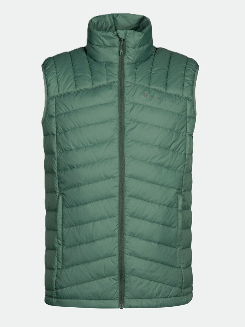 Halti Evolve Lite Kevyttoppaliivi Miesten vihreä miesten tikattu puskuriliivi, jossa on etuvetoketju ja korkea kaulus.