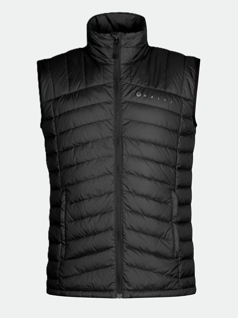 Halti Evolve Lite Kevyttoppaliivi Miesten: musta, hihaton liivi, jossa on vetoketju edessä, logo ja kierrätysmateriaali.