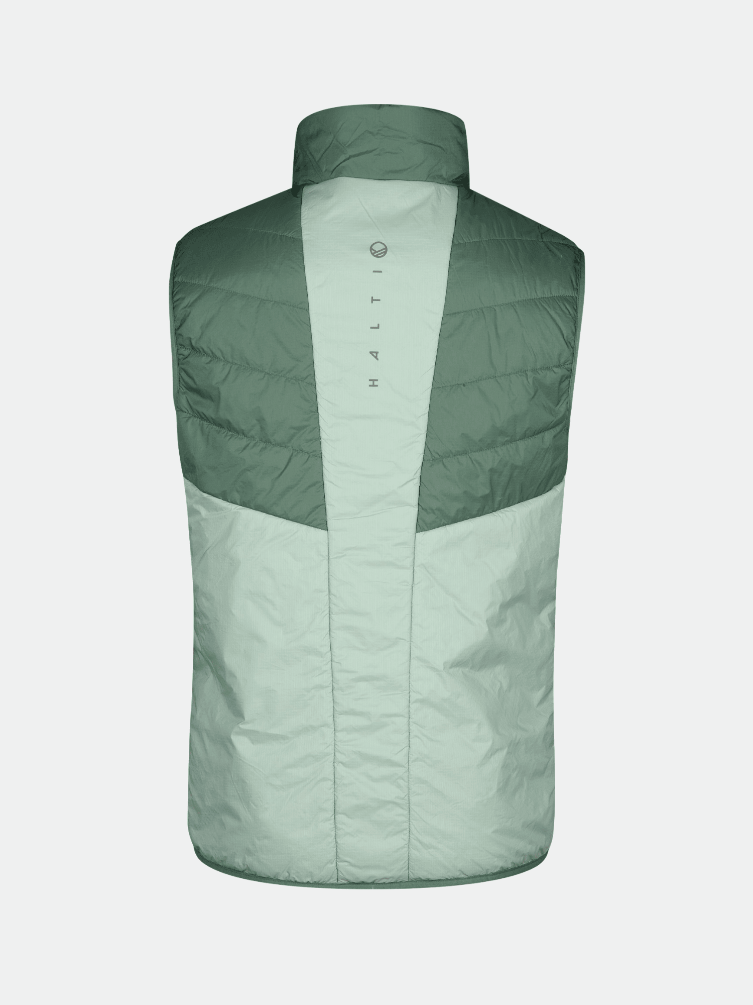 Vaalean- ja tummanvihreä Halti Heatix Vanuliivi Miesten liivi kuvattuna takaa, jossa on HALTI-painatus pystysuunnassa.