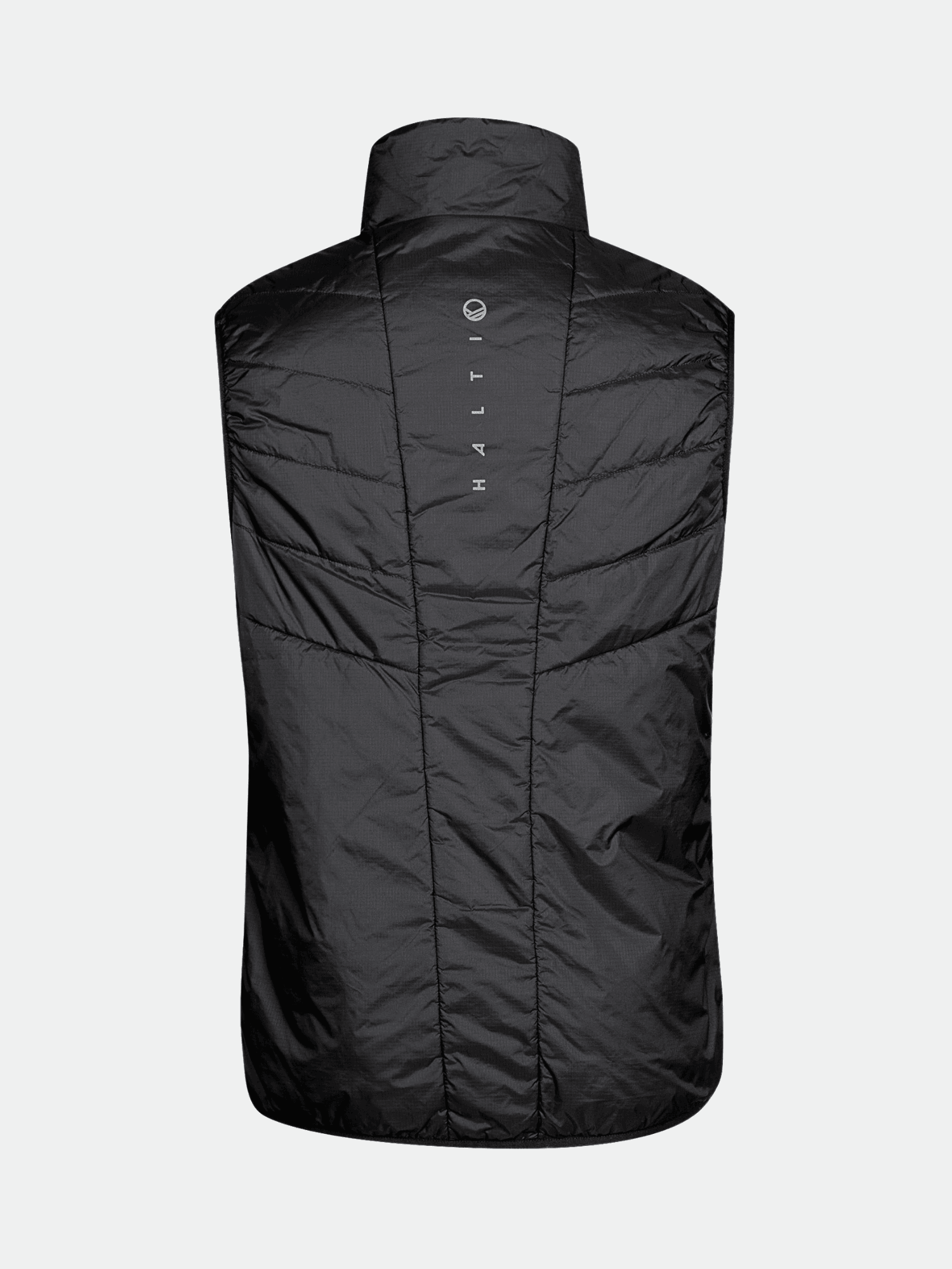 Musta, hihaton Halti Heatix Vanuliivi Miesten puskuriliivi selästä kuvattuna, jossa on pystysuora logo ja korkea kaulus.