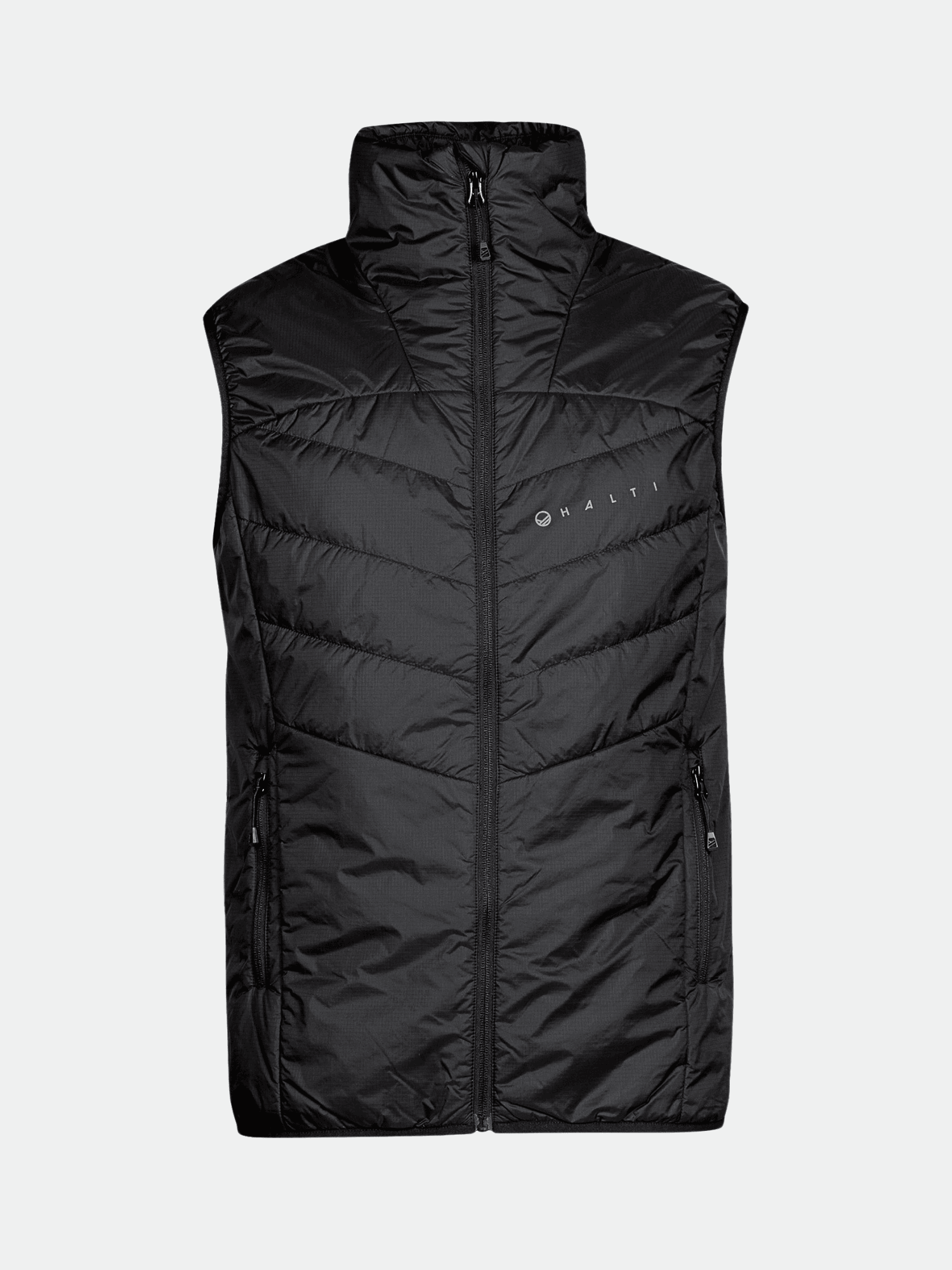 Halti Heatix Vanuliivi Miesten: musta tikattu liivi, jossa Primaloft Silver, vetoketju edessä, sivutaskut ja logo rinnassa.