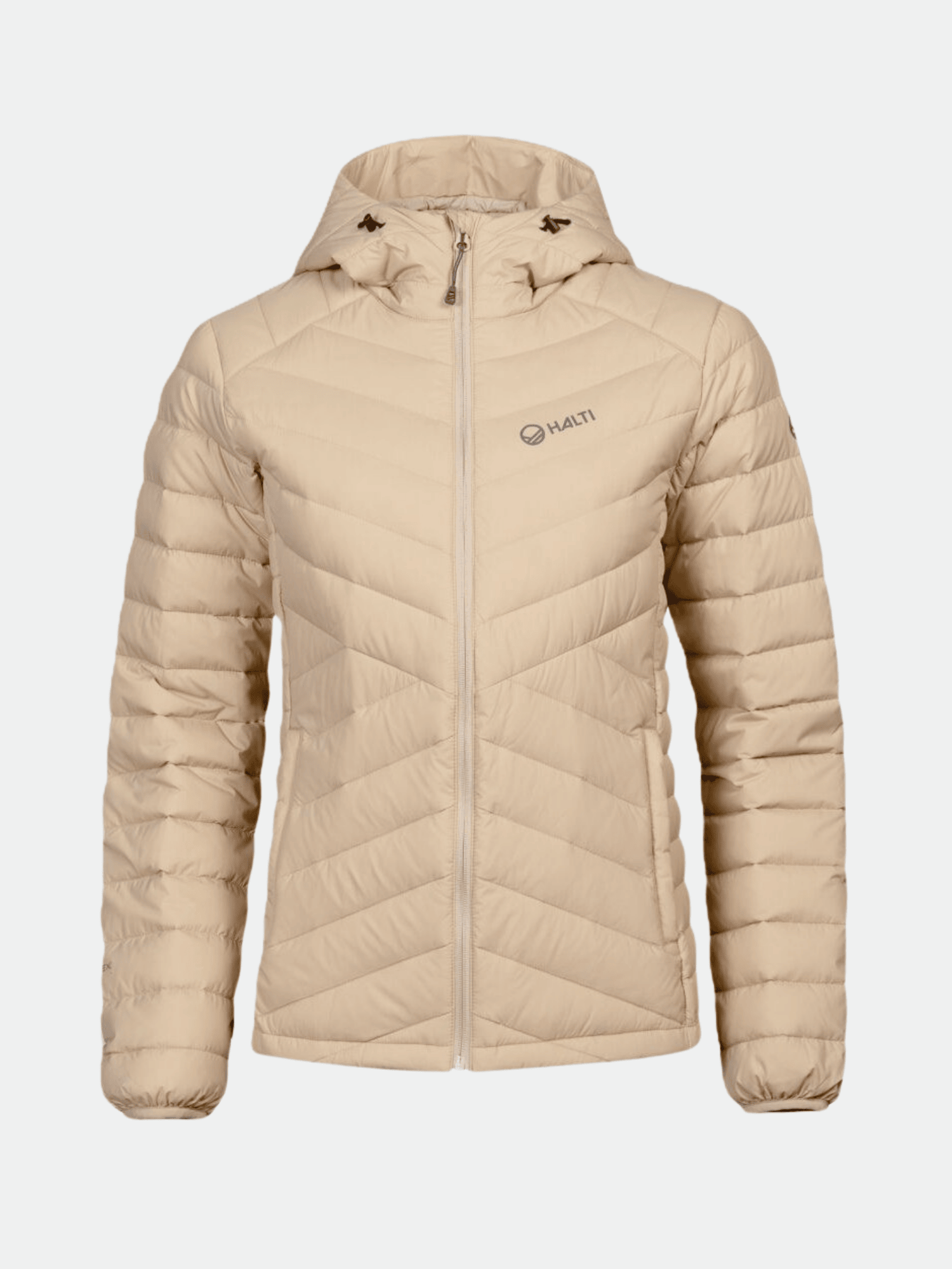 Halti Huippu Untuvatakki Naisten, beige, huppu, vetoketju edessä, RDS alas & vinotikkaukset valkoisella pohjalla.