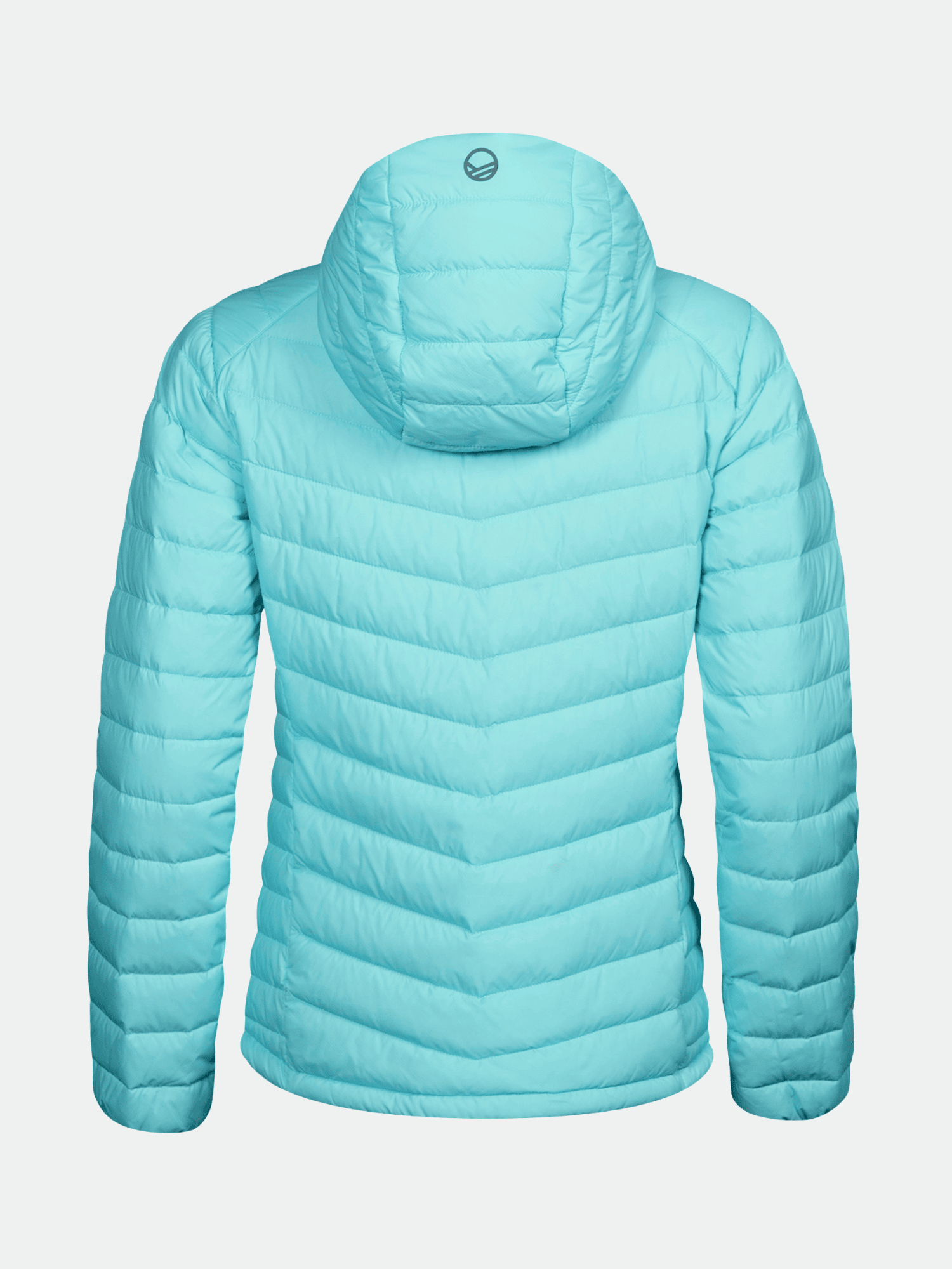 Halti Huippu Untuvatakki Naisten vaaleansininen hupullinen puskuritakki, kuvattuna takaa valkoisella pohjalla.