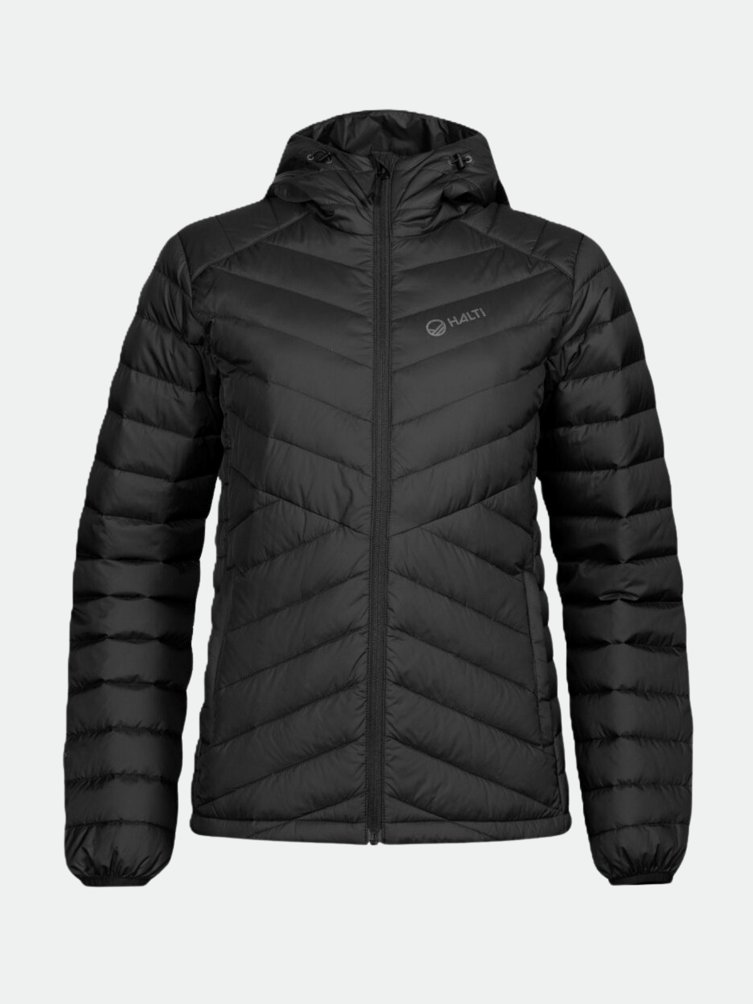 Halti Huippu Untuvatakki Naisten on musta pufferi, jossa on Pertex Quantum, huppu, vetoketju edessä ja diagonaalinen tikkaus.