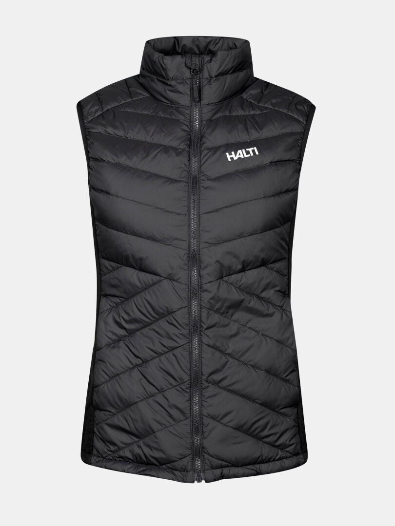 Halti Huippu Hybrid Untuvaliivi Naisten musta, hihaton liivi, jossa on vetoketju edessä ja logo yksivärisellä pohjalla.