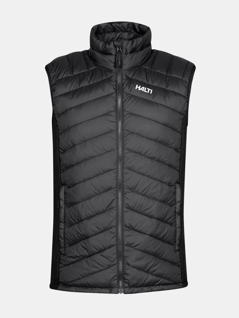 Halti Huippu Untuvaliivi Miesten on musta, hihaton liivi Pertex Quantum Ripstop -materiaalilla ja rintalogolla.