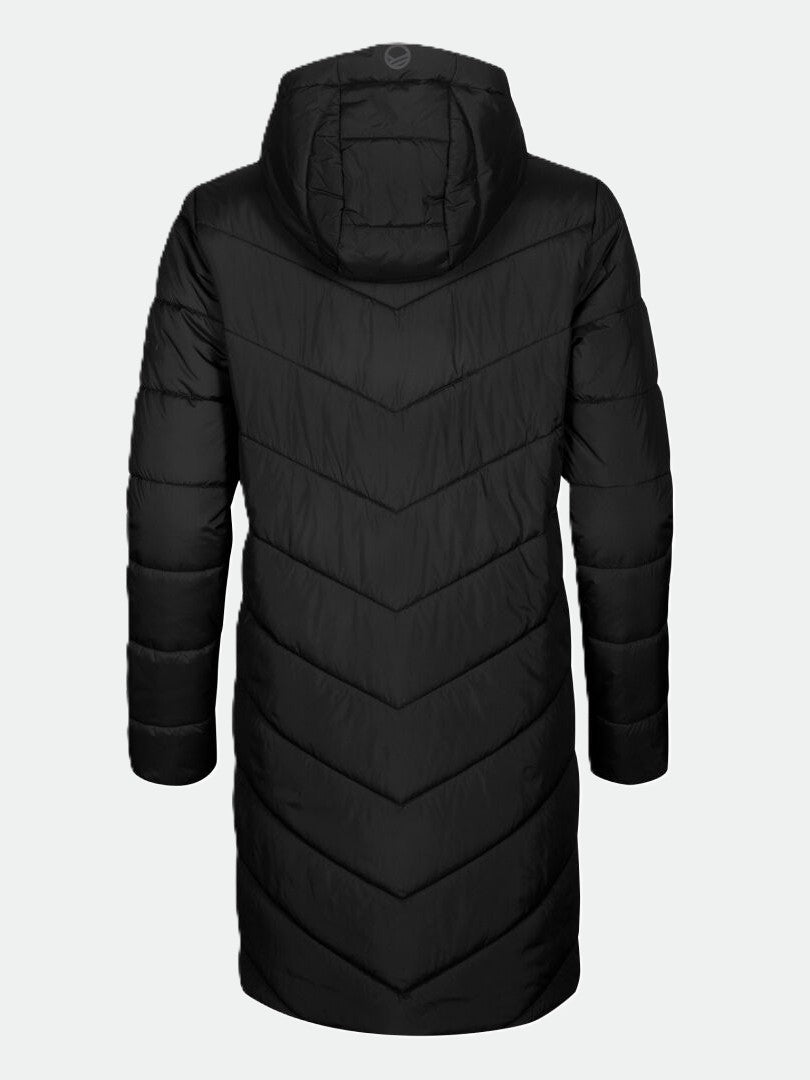 Halti Komu Pitkä Kevytvanuparka Plus Naisten selkäpuolelta kuvattuna vaaka- ja chevron-tikkauksella.