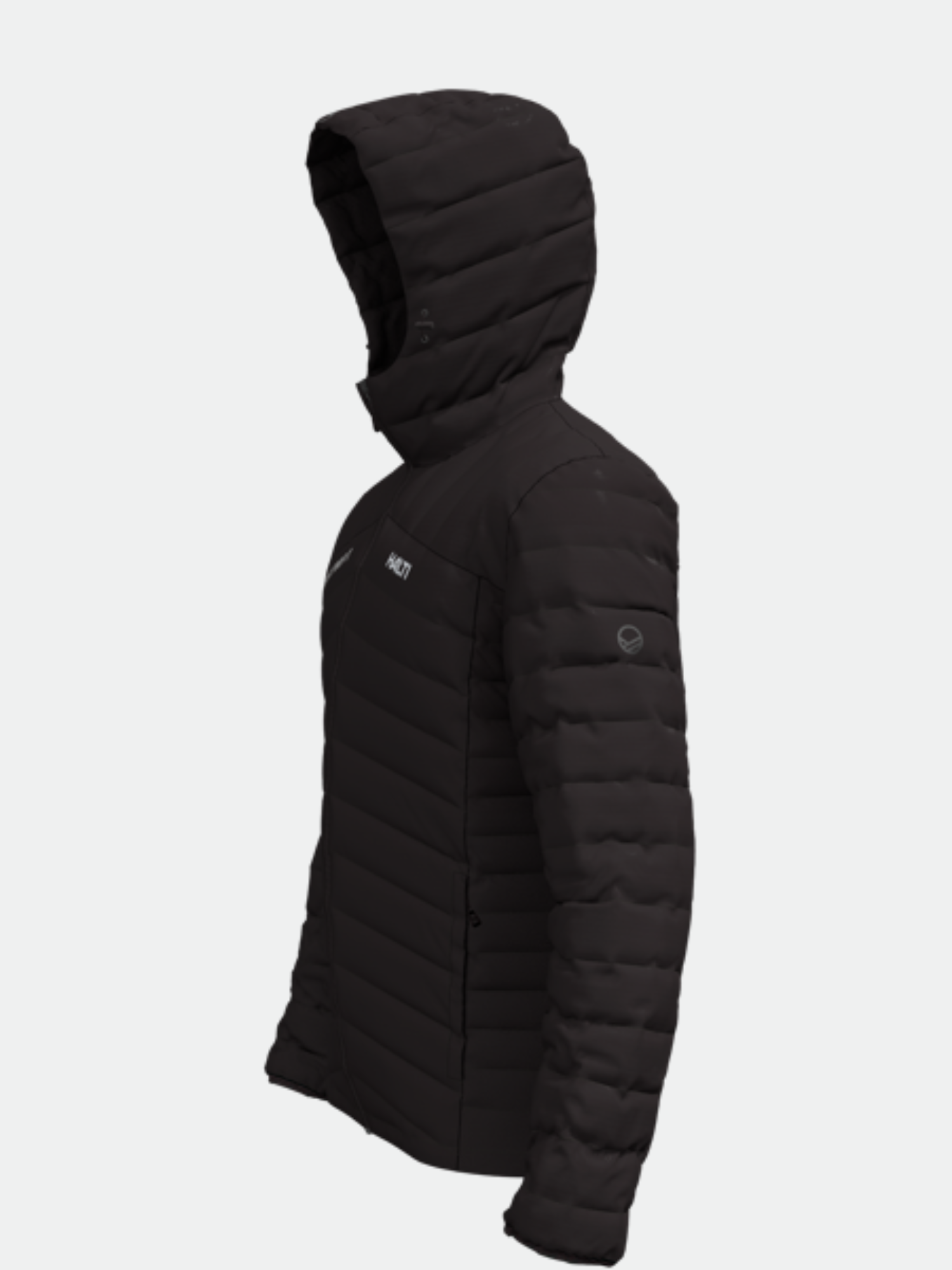 Halti Huippu Untuvatakki Miesten - Electrofit mustassa, sivukuvassa, on tikattu huppu ja vetoketju edessä.