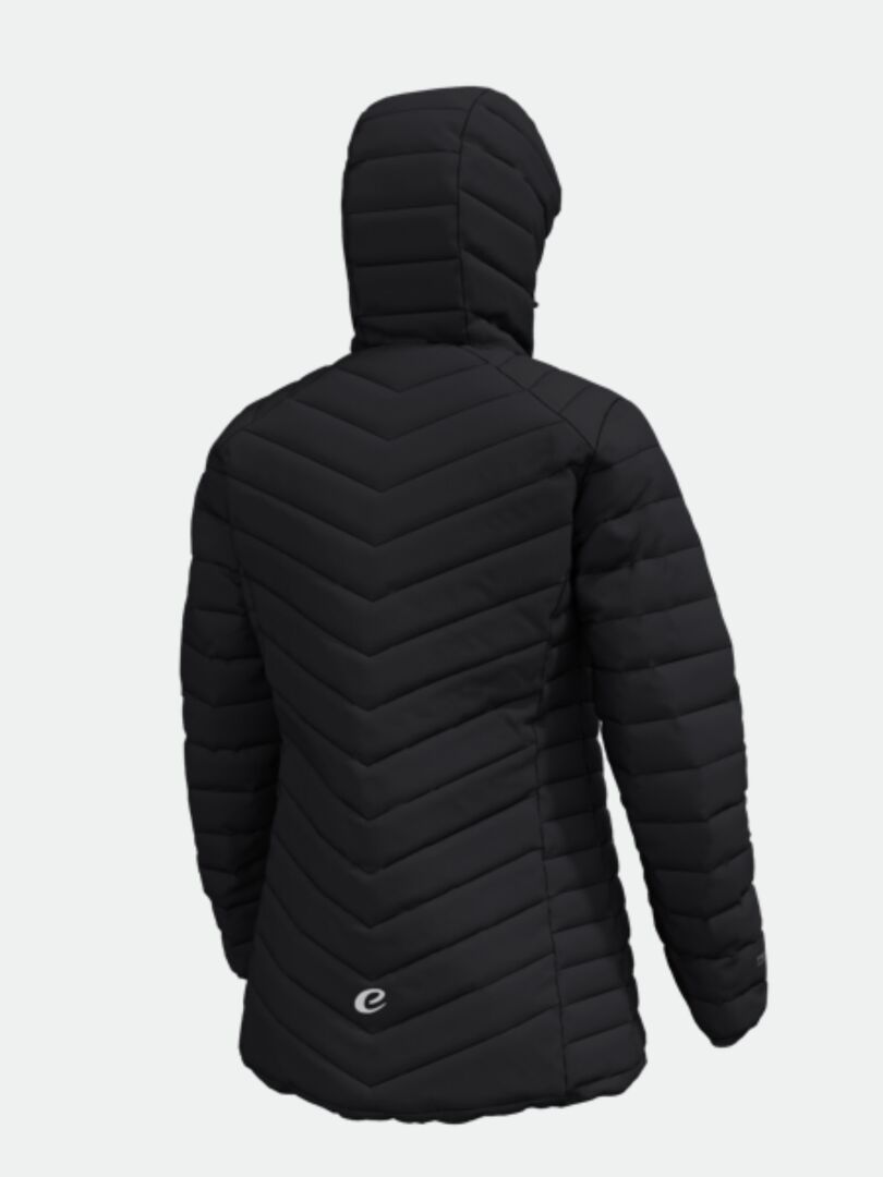 Halti Huippu Mid Untuvatakki Naisten - Electrofit on musta, hupullinen tikattu takki, jossa on Pertex Quantum Ripstop.