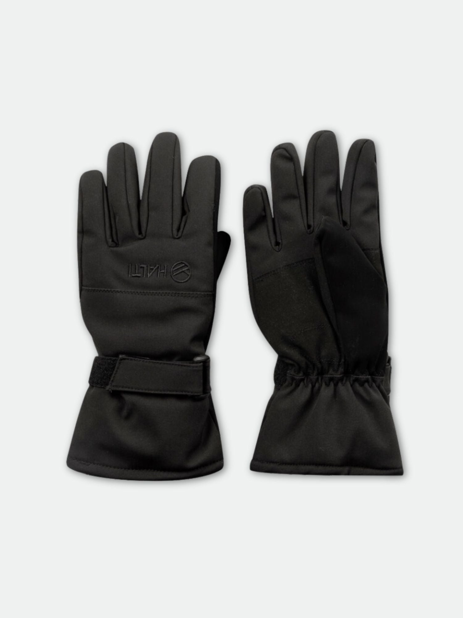 Halti Tiilo Hanskat mustat käsineet, joissa on säädettävät rannelenkit, kuvassa edestä ja takaa tavallisella pohjalla.