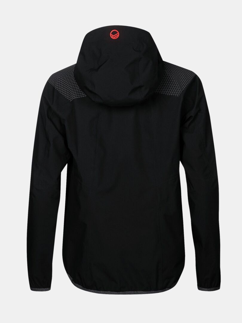 Halti Liike Naisten 3L DrymaxX -takki, musta, takakuva punaisella logolla ja säänkestävällä teksturoidulla olkapäällä.