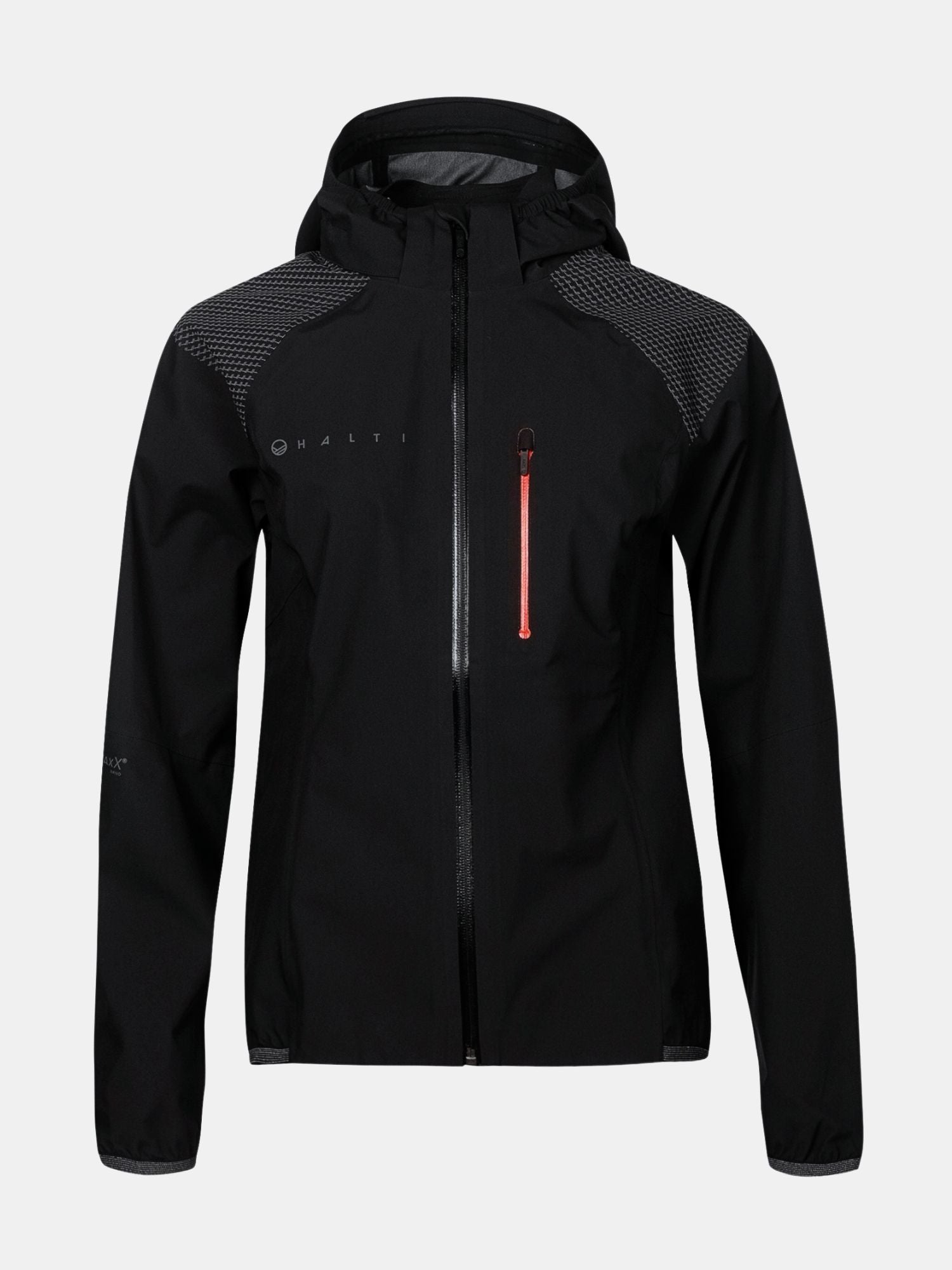 Halti Liike Naisten 3L DrymaxX urheilutakki, musta, punainen rintatasku, etuvetoketju, heijastavat olkapäät.