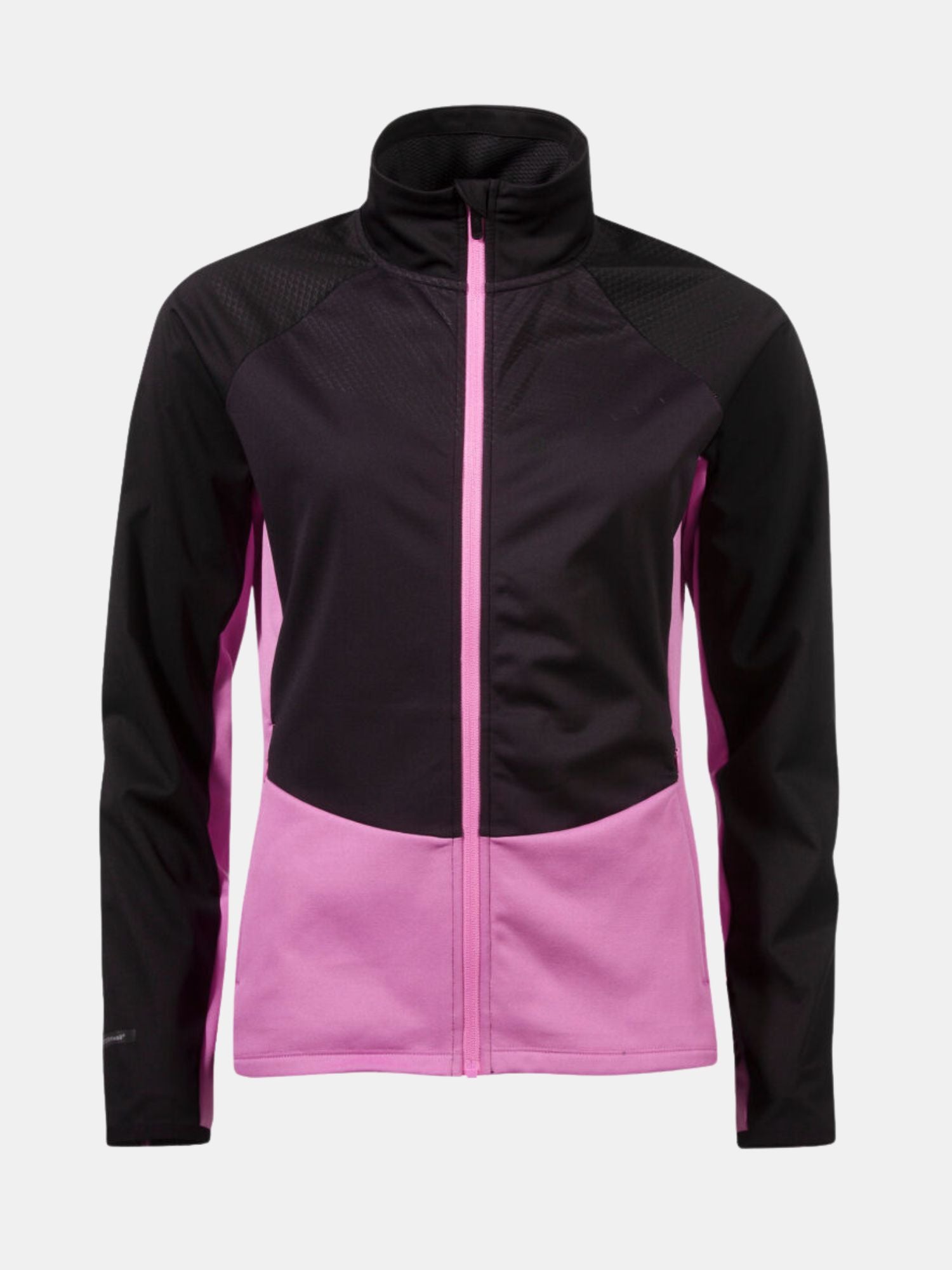 Halti Suunta Naisten Hybriditakki on naisten vetoketjullinen takki, jossa on Stormwall®-vuori, mustat hihat ja vaaleanpunaiset paneelit.