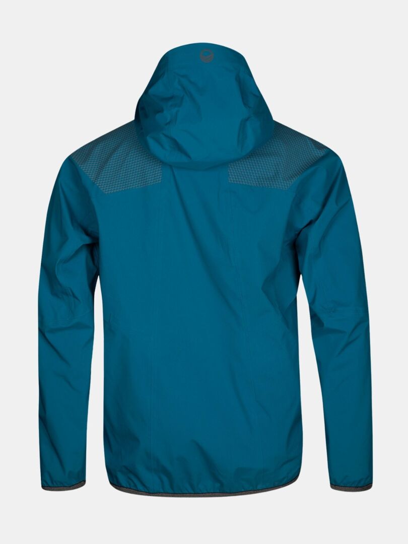 Haltin Liike Miesten 3L DX Urheilutakki on sininen ja siinä on vahvikkeet ja heijastavat yksityiskohdat olkapäillä. Kuvassa kuvassa on kuva takaa.