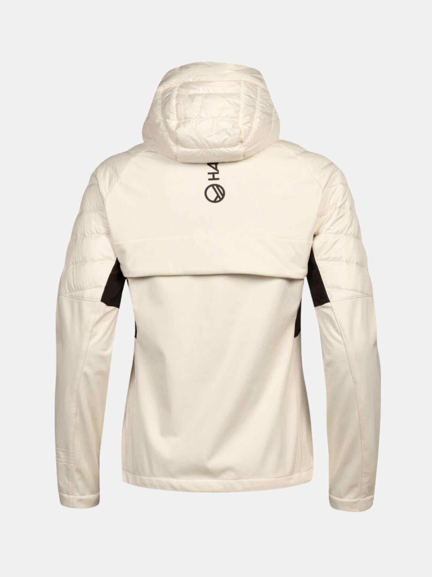 Halti Hanki Hiihtotakki Naisten, kermanvärinen, mustalla logolla ja paneeleilla, kuvattu selkäpuolelta tavallisella pohjalla.